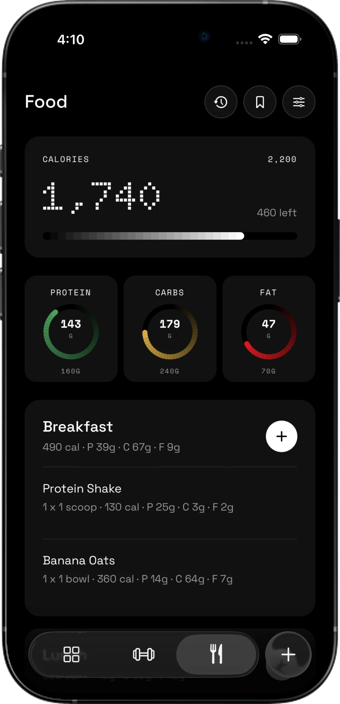 Kabi calorie and macro tracking screen