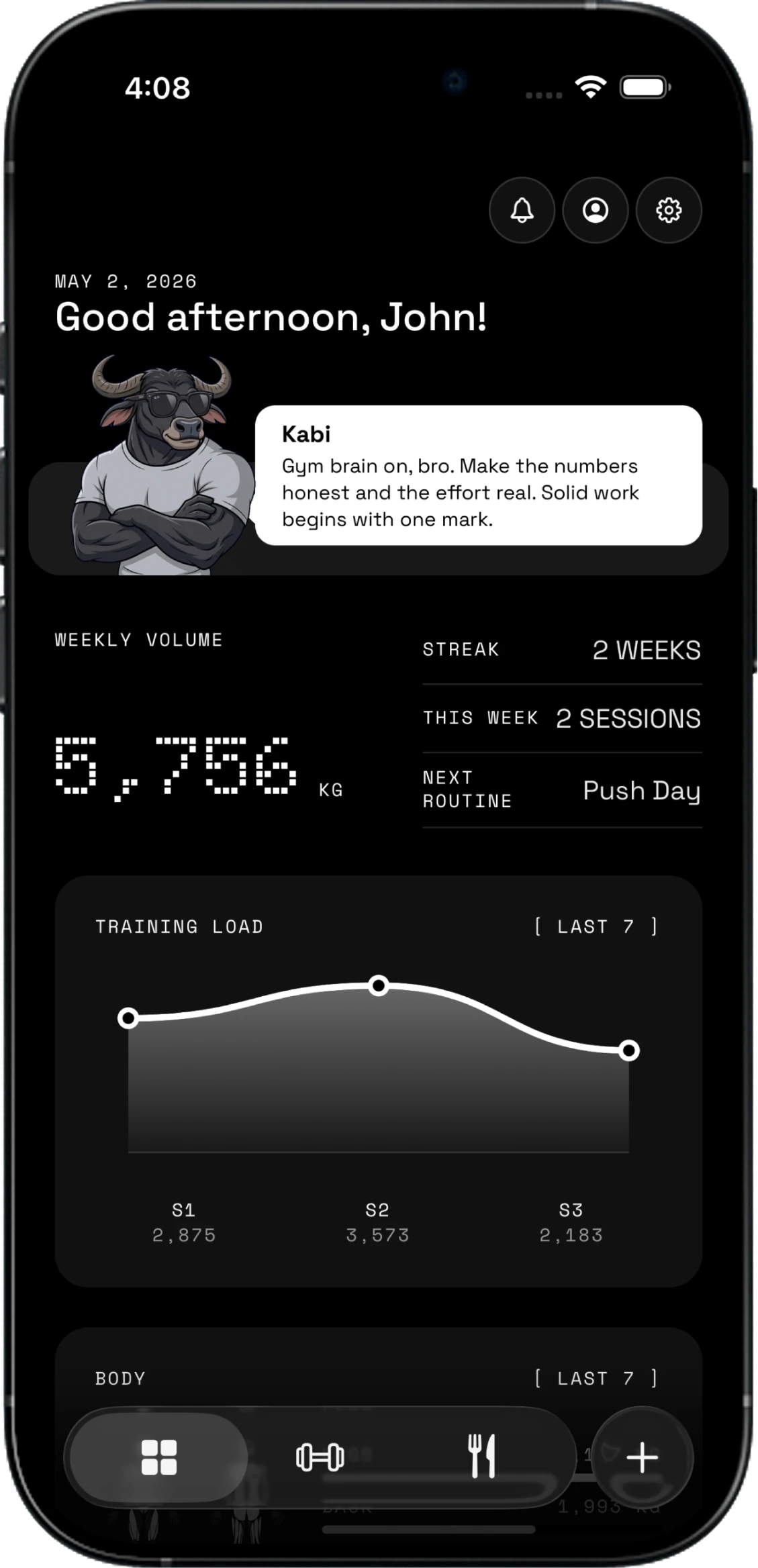 Kabi dashboard showing weekly training volume, streak, and next routine