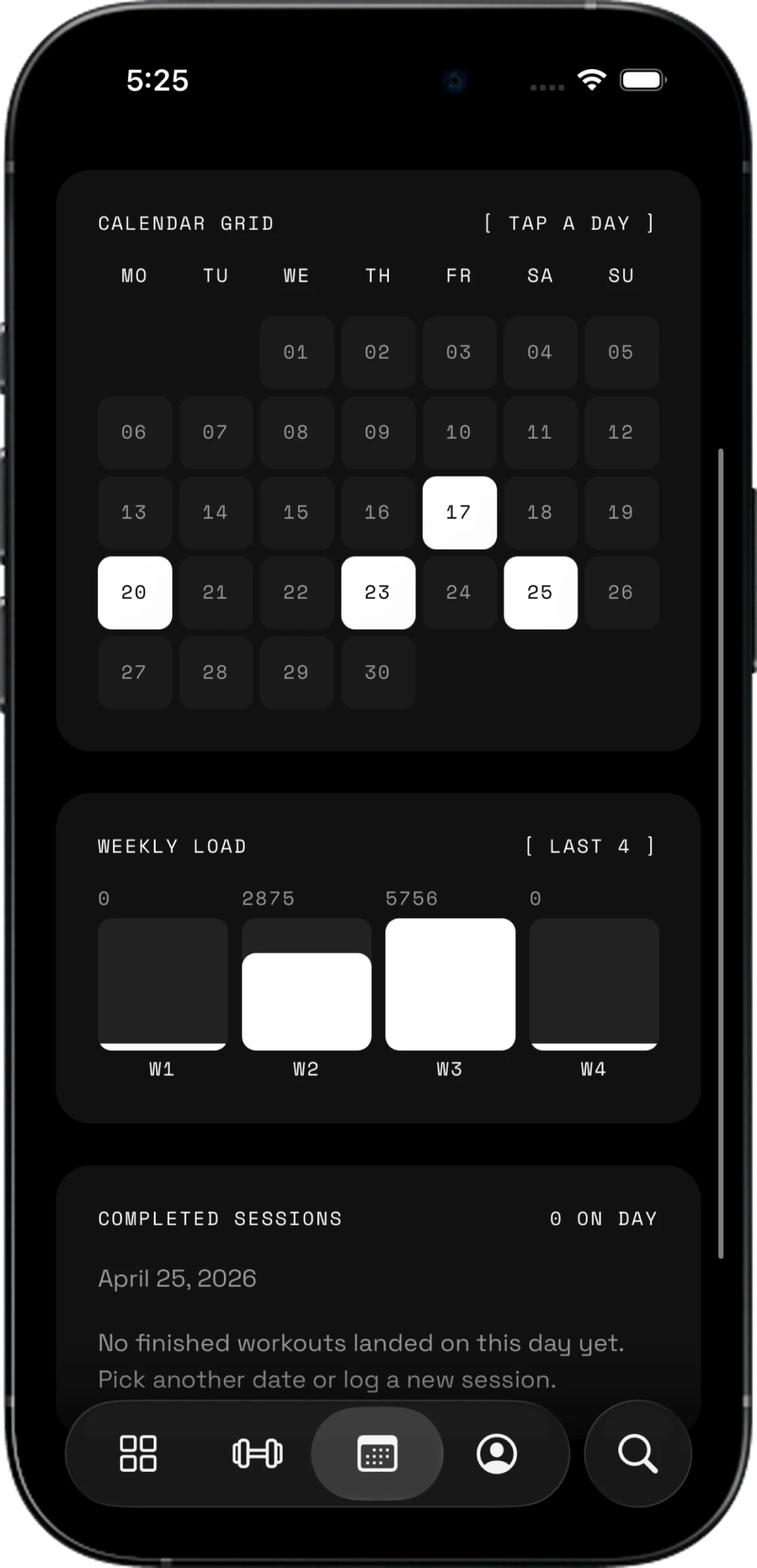 Kabi workout calendar, weekly load, and completed sessions