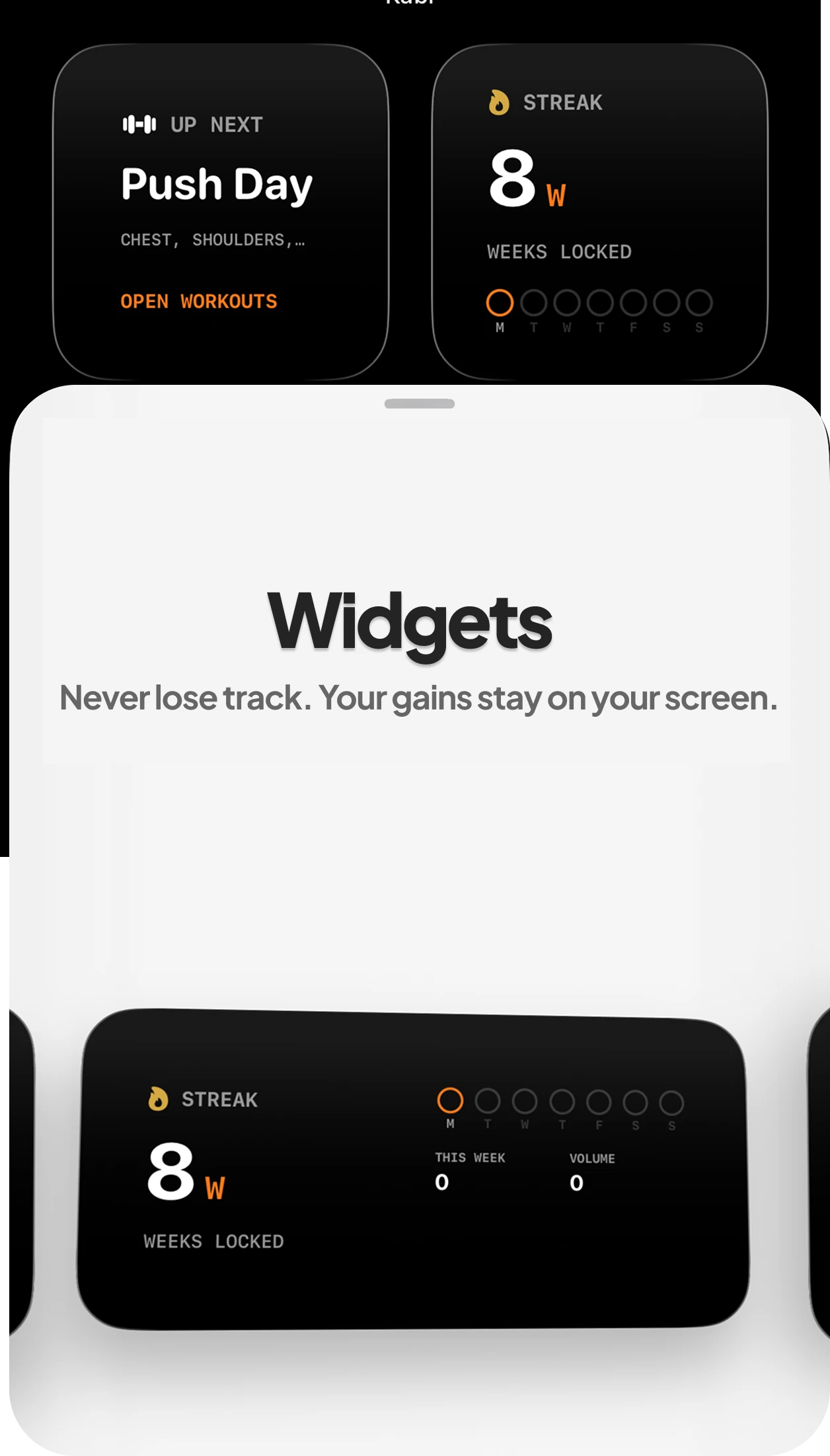 Kabi Home Screen widgets showing the next workout and training streak